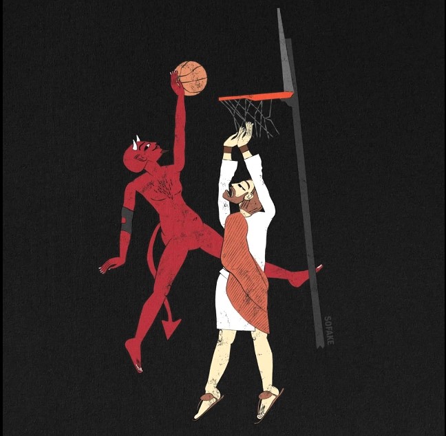 Devil slam-dunk on Jesus artwork