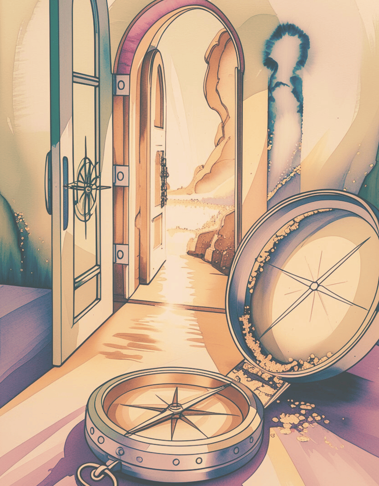 A compass in front of a big door