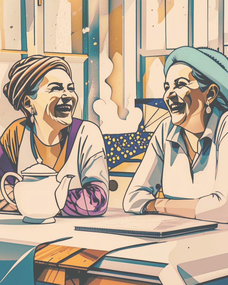 Two women drinking tea and laughing