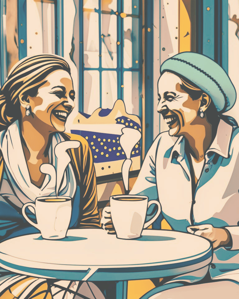 Two women sat drinking coffee together