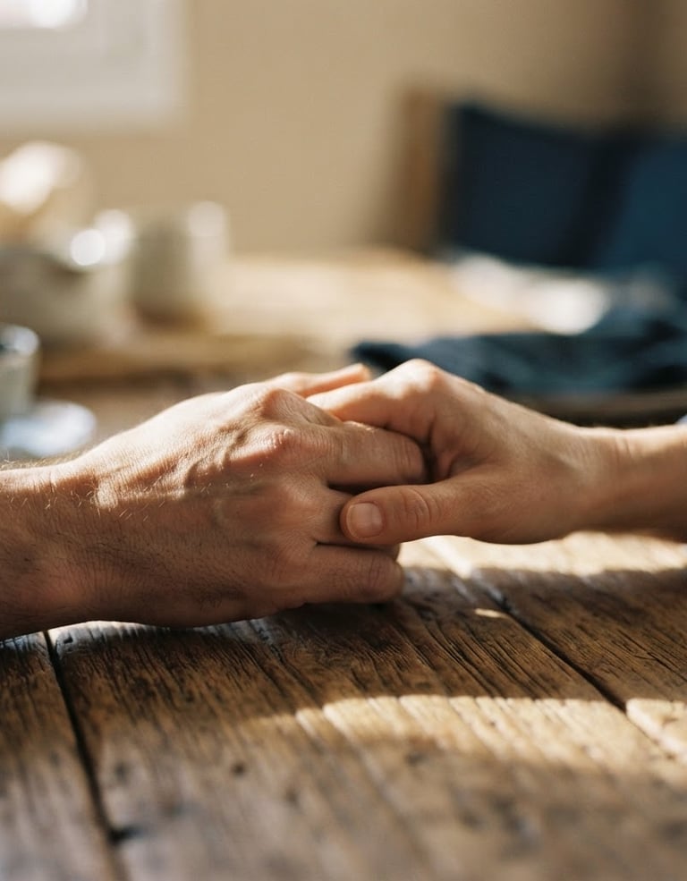 Close-up of hands holding warmly over a rustic wooden table, soft morning Spanish sunlight casting long shadows, warm editorial photography, shallow depth of field, 35mm