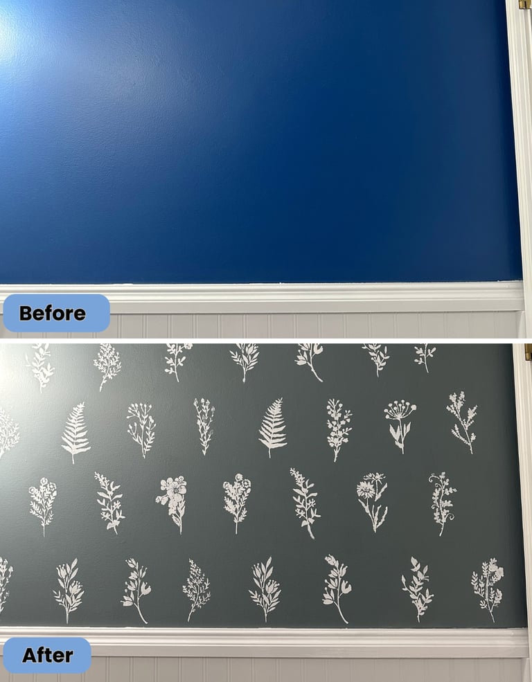 "Half bath before and after DIY wall stenciling makeover for $35"