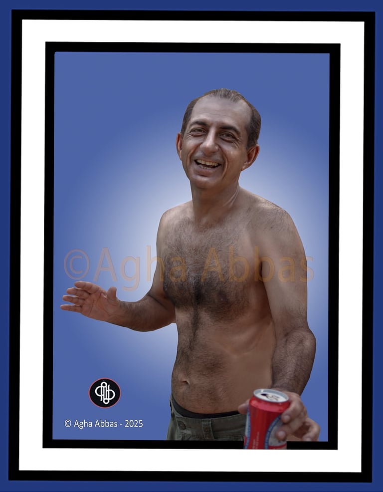 Highly manipulated Photography of a shirtless/topless man in shorts offering, beer.