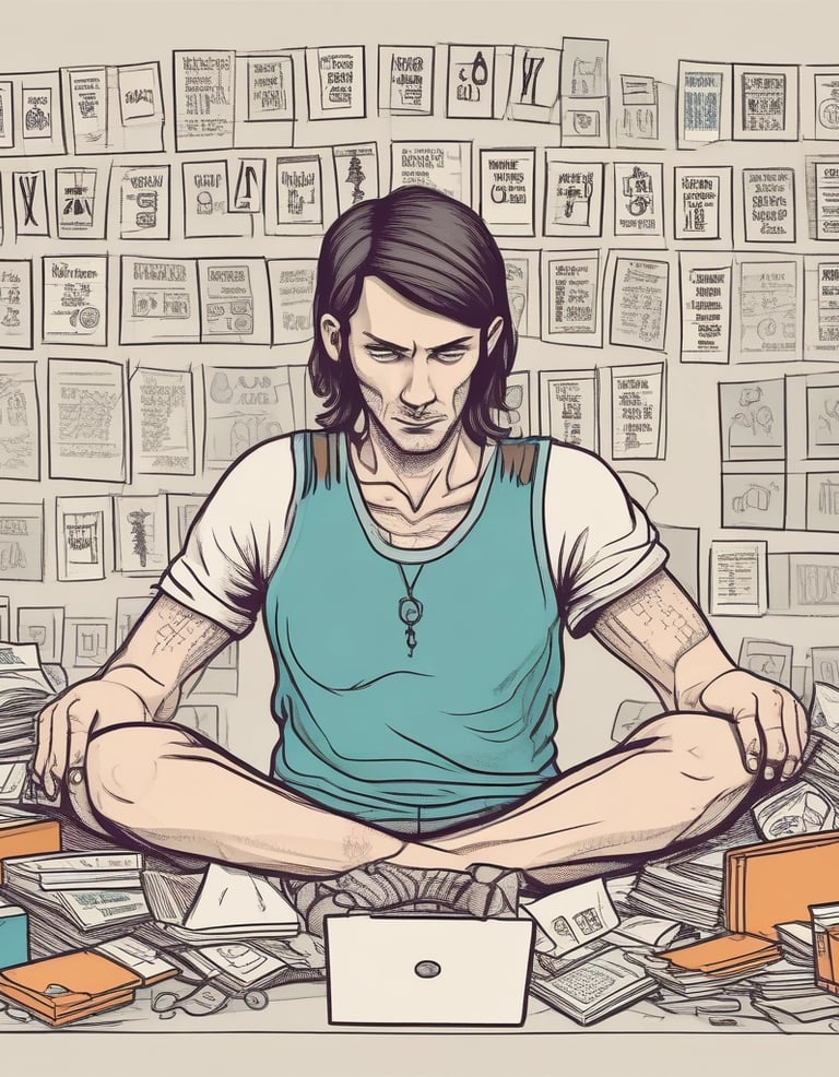 A focused man sitting cross-legged in a library or office surrounded by stacks of papers and sketches.