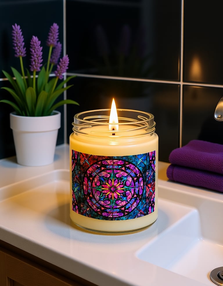 a candle lite up in a bathroom