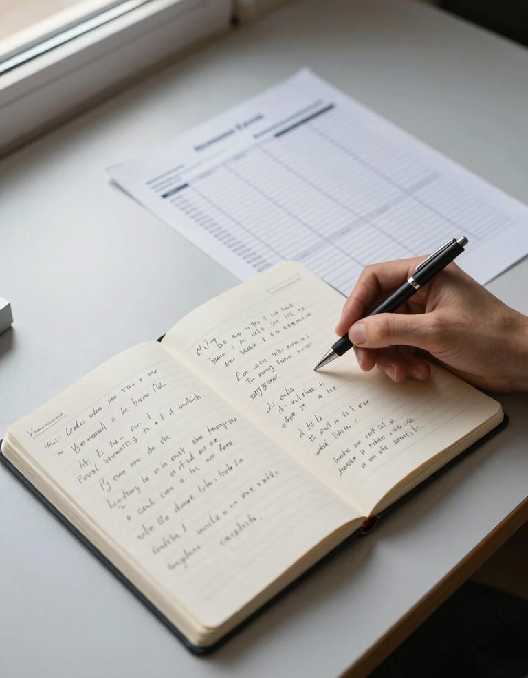 Overhead composition of a work table with an open notebook filled with handwritten annotations next to a printed P&L report, a hand visible mid-frame holding a pen, warm window light from the upper left, sparse and uncluttered surface