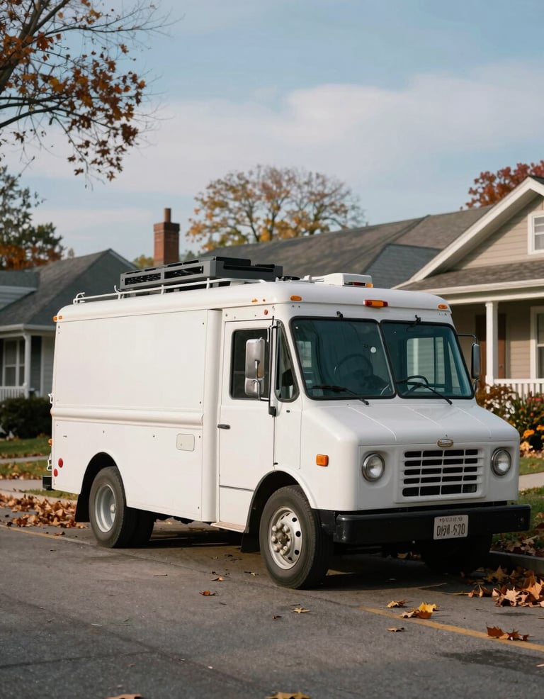 A nostalgic-style photograph of a vintage electrical service truck parked in a leafy Skokie, Illinois residential street during the autumn, conveying a legacy with soft white and slate blue sky.