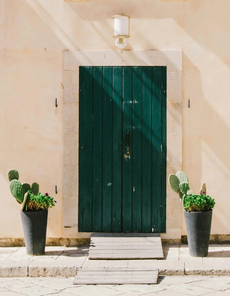 itahome luxury Rustic dark green wooden door on a beige stone wall flanked by potted cactus plants.