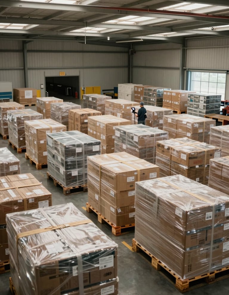 Wide environmental shot inside a large distribution warehouse, overhead skylights casting even daylight, rows of palletized freight staged for loading, a dock worker at a handheld scanner in the mid-ground, scale of the facility visible, no faces prominent, organized and operational