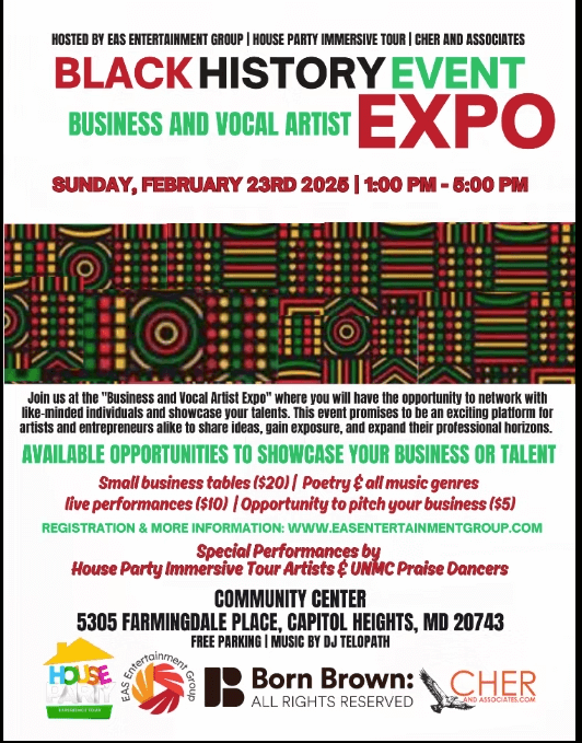 Promotional flyer for the Black History Event Business and Vocal Artist Expo on February 23, 2025, in Capitol Heights.