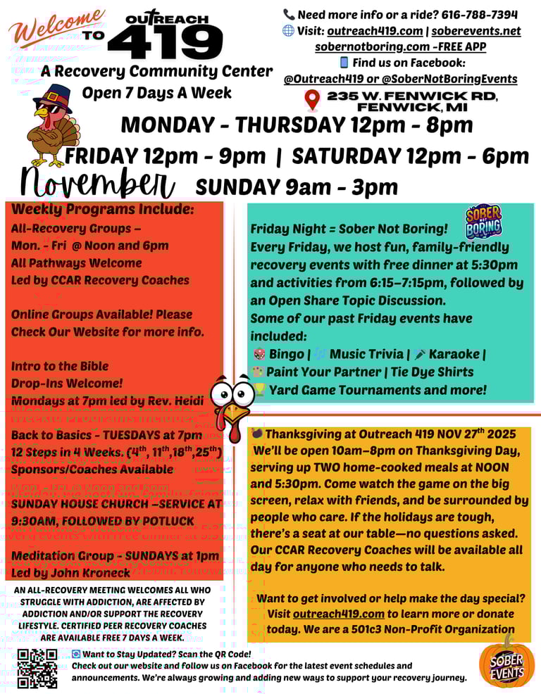 November Outreach 419 Sober event flyer
