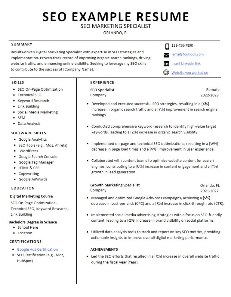 a professional resume template for a professional seo marketing