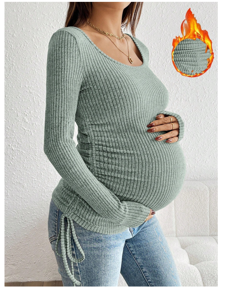 Green ribbed maternity t-shirt with ruched drawstring sides.