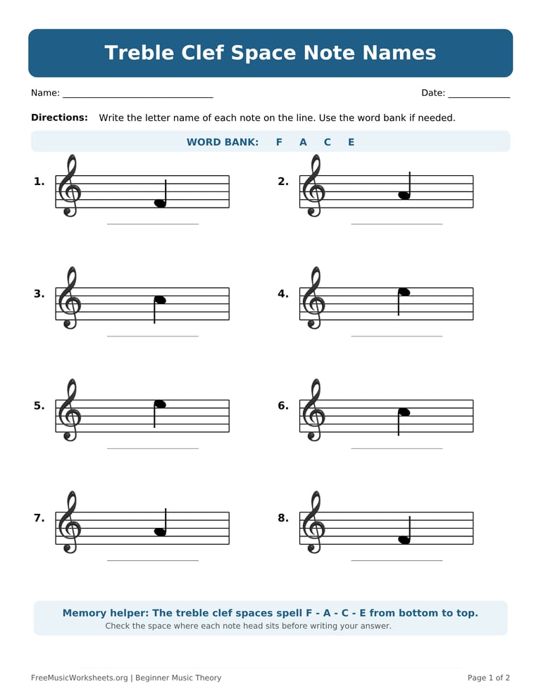 Treble Clef Space Note Names Worksheet