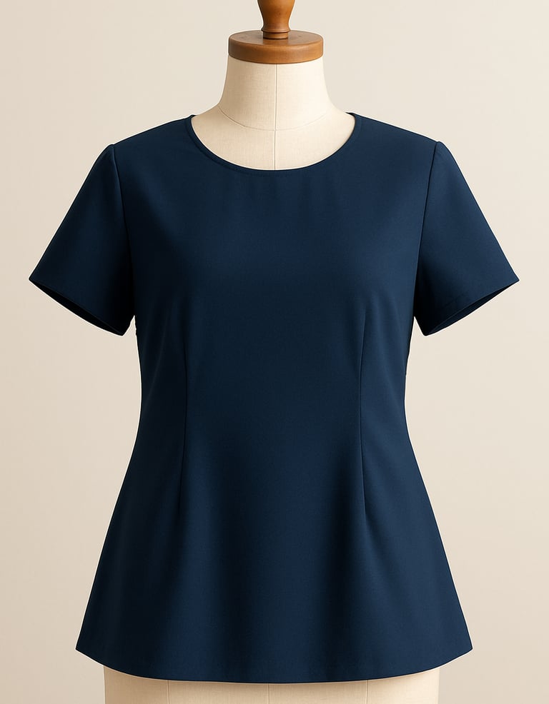 Navy blue short-sleeved blouse sewn with wrinkle-resistant fabric displayed on a dress form.