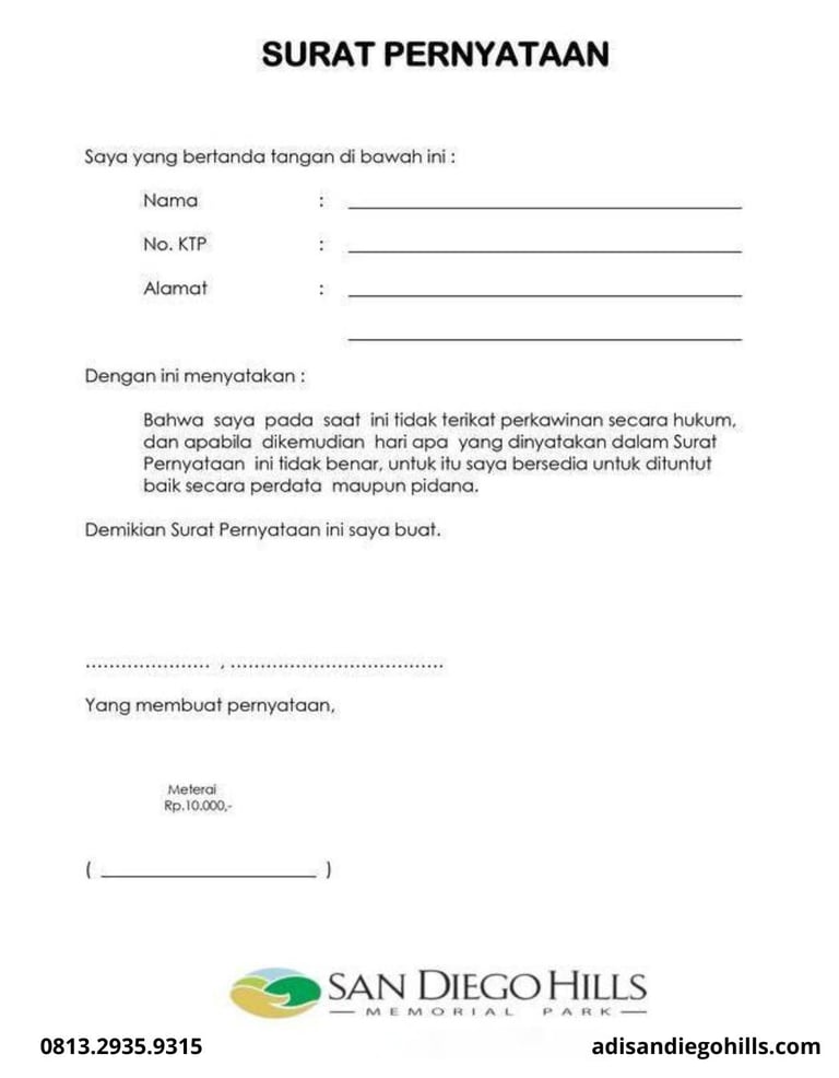 Contoh surat pernyataan pemilik lahan makam San Diego Hills dengan meterai, apabila masih lajang
