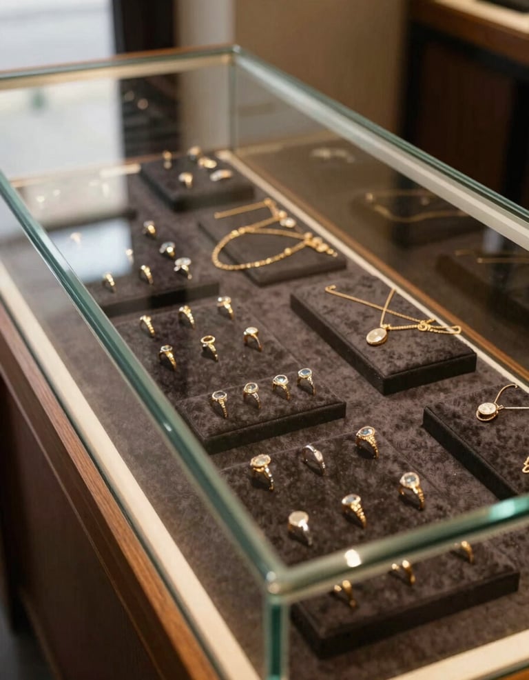 Close wide shot of a jewelry store glass showcase interior, rings and necklaces arranged on dark velvet under warm display lighting, warm wood frame visible at left edge, shot from slightly above at an oblique angle, natural north-facing daylight entering from off-frame left, deep shadows between pieces