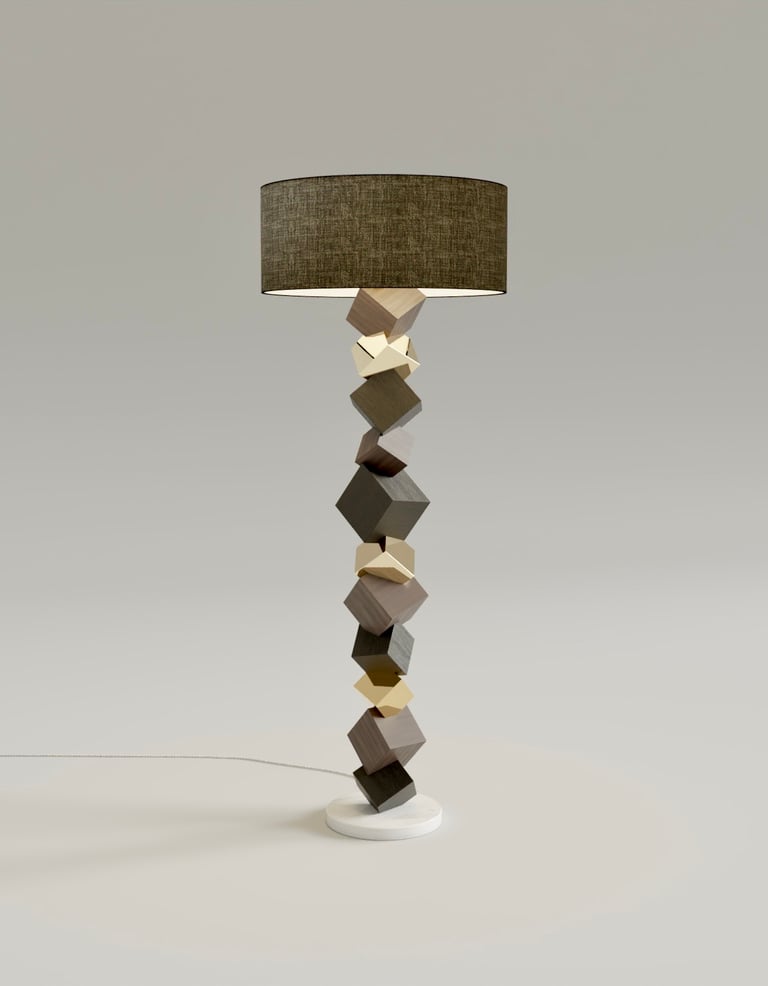 Pyrite floor lamp in walnut, moabi and polished brass. White marble base and black linen shade.