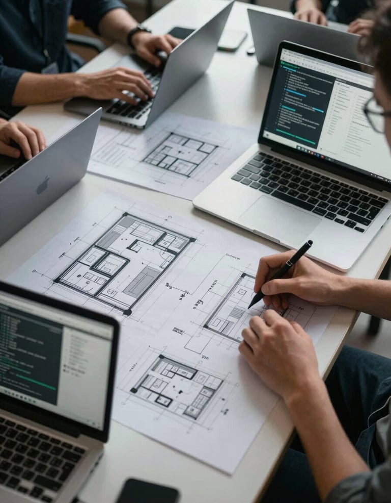 Overhead view of a team workspace, architecture diagram spread across a large table, laptops open to system integration schematics, cool daylight-balanced lighting, focus on the diagrams not the people