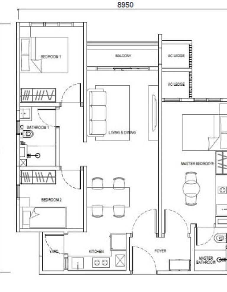 Type F1 layout – 850sf Dual Key apartment with balcony, 3 rooms 2 baths near RTS CIQ