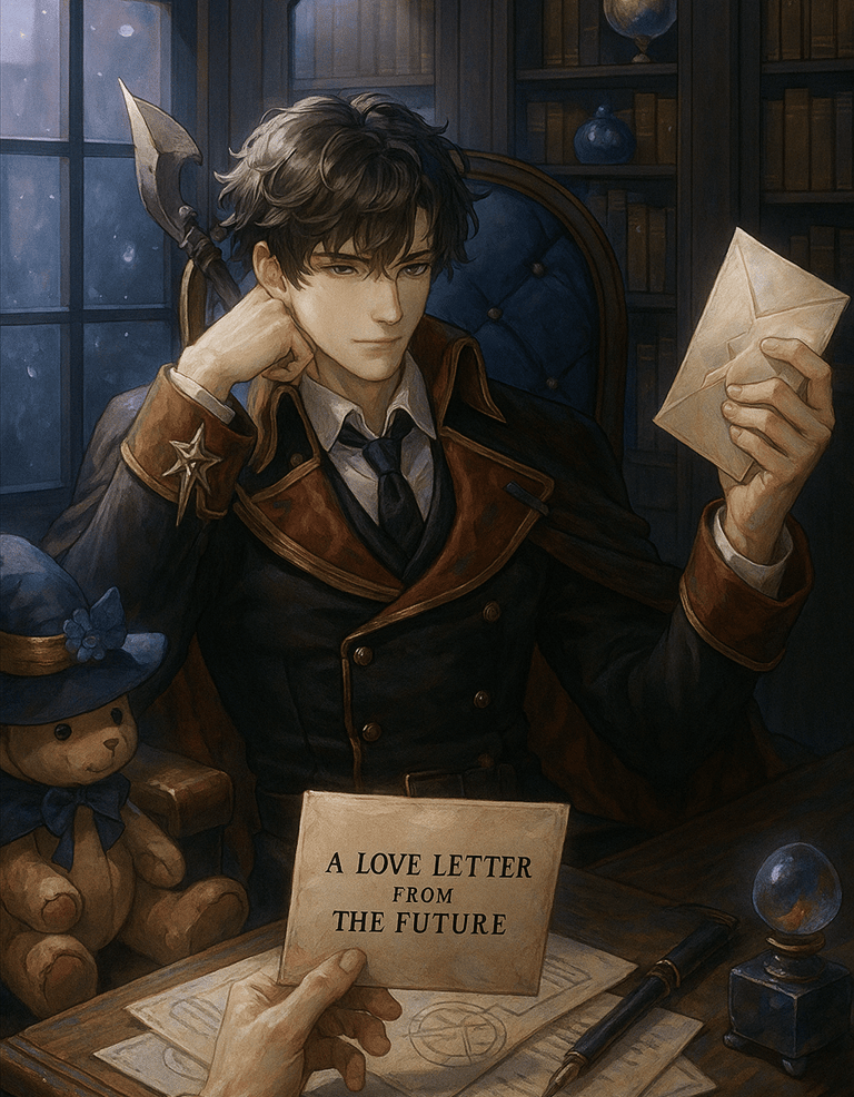 Main character from A Love Letter from the Future reading a mysterious love letter in a dark fantasy