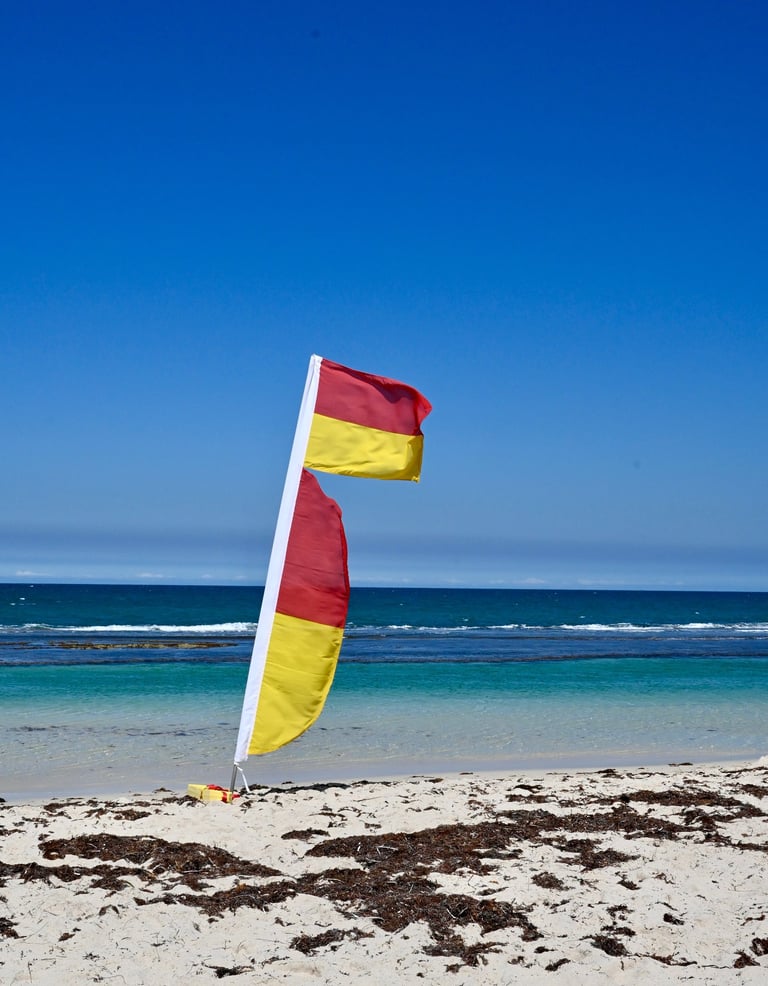 beach flags blowing in the wind