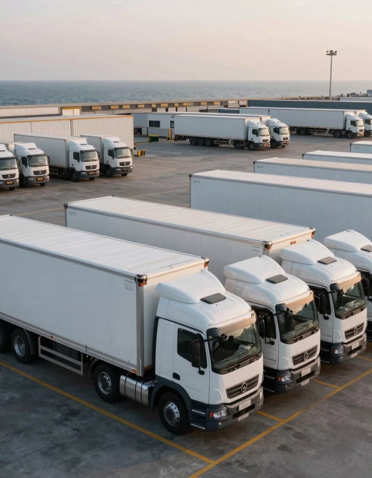 A high-end, clean shot of a modern logistics terminal in an Oceanic setting at dawn, featuring a rows of white logistics trucks and a professional industrial environment with charcoal accents.