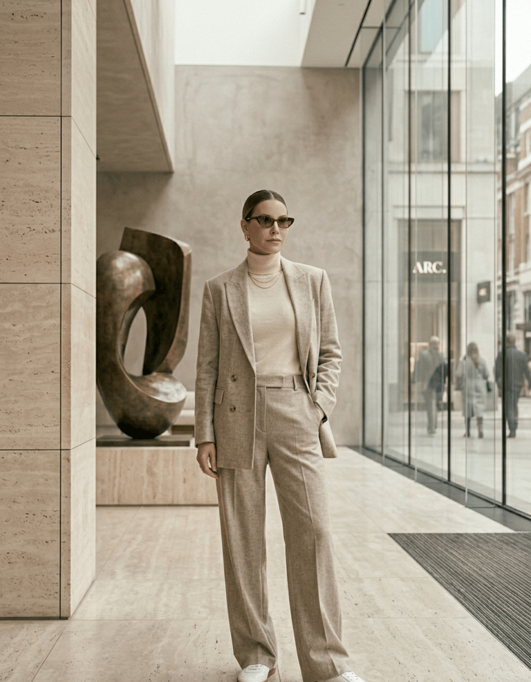 Minimalist neutral outfit featuring oversized blazer, fitted basics, and sleek sneakers in a luxury 