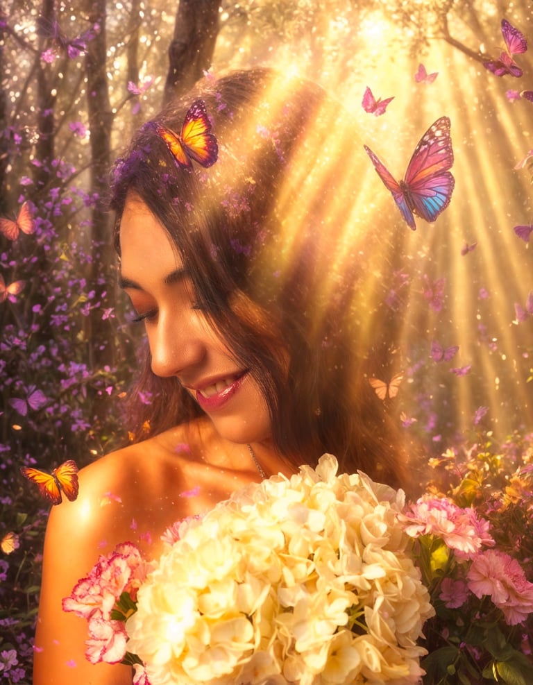 a woman in a dress with butterflies in the background