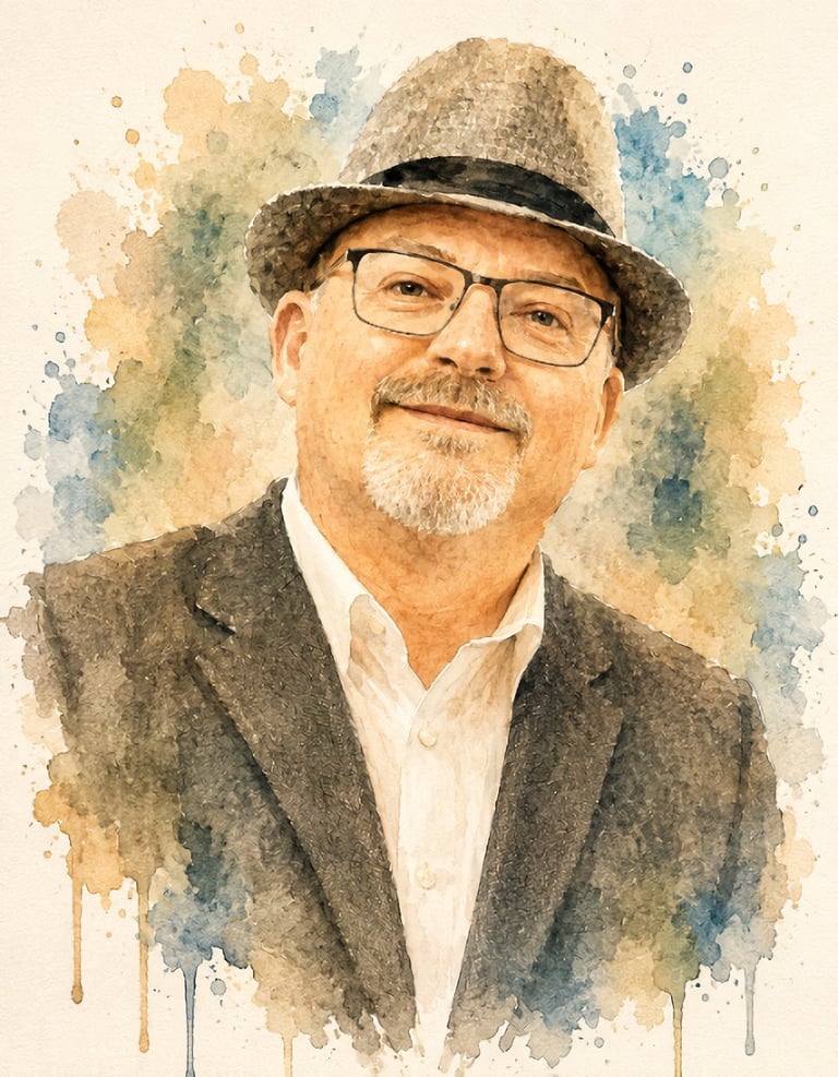 Watercolor digital portrait of artist Andy Smart smiling man wearing a fedora hat and glasses.