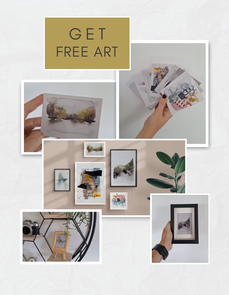 Collage showing hand-held and framed mini abstract art prints by TLS ART.