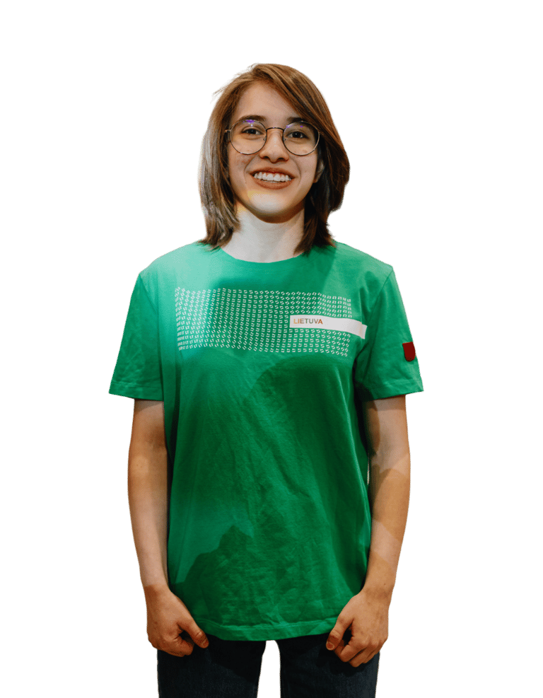 a girl in a green shirt