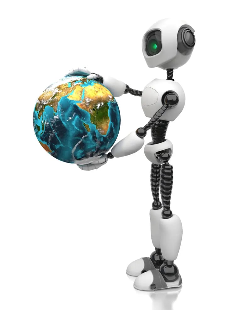 En vit AI-robot håller fram en jordglob med båda händerna.