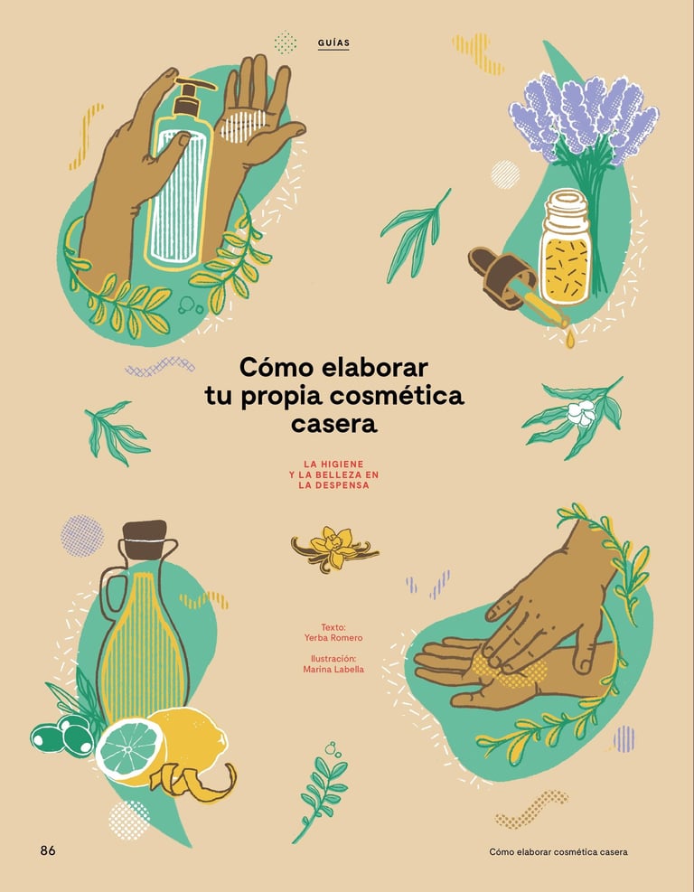a magazine page with a picture of hands holding cosmetics and olive oil, lemon, lavender, leaves