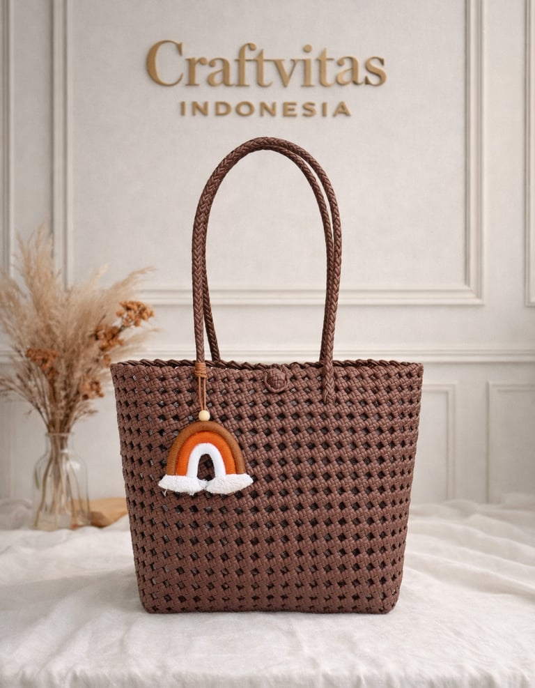 Tas anyaman plastik model sekar warna coklat handmade Craftvitas Indonesia