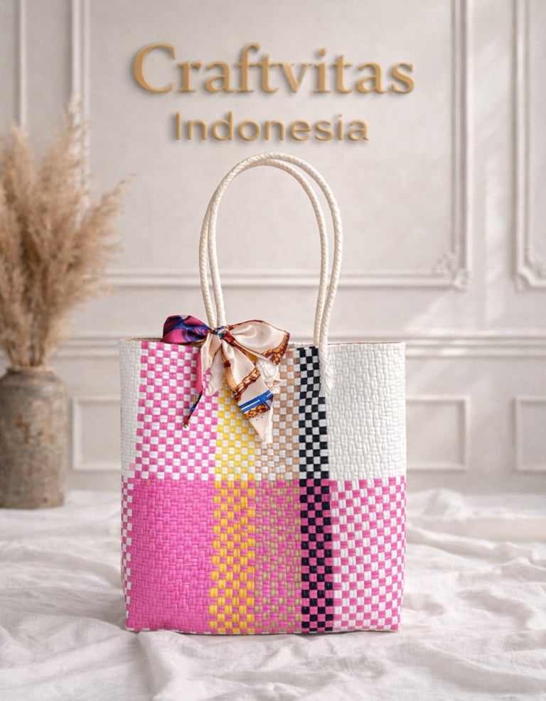 Tas anyaman plastik motif batik kombinasi pink kuning hitam putih handmade Craftvitas Indonesia