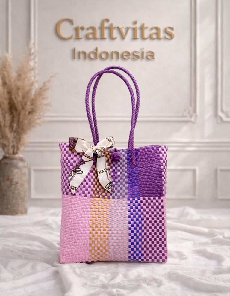 Tas anyaman plastik motif batik ungu mix warna handmade dari Craftvitas Indonesia