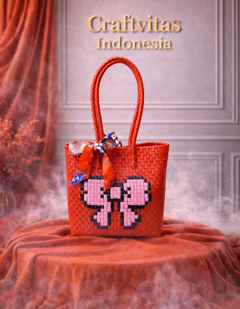 Tas anyaman karakter pita warna merah handmade dari plastik daur ulang