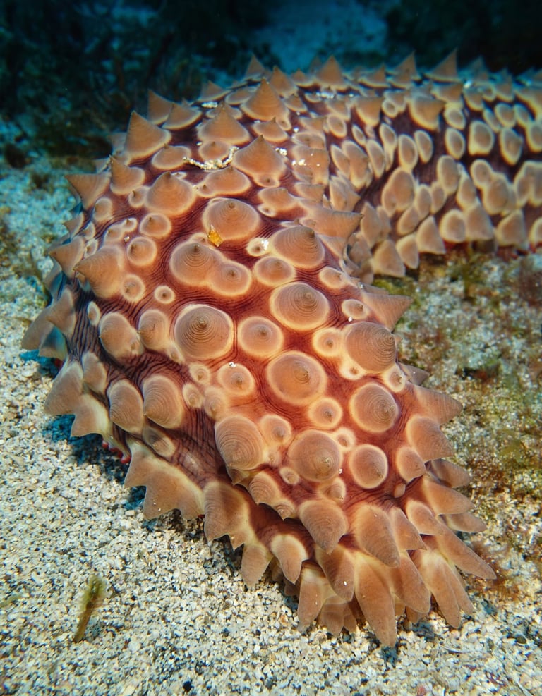 Conical sea cucumber resting on sandy seabed, covered in rounded bumps and pointed projections
