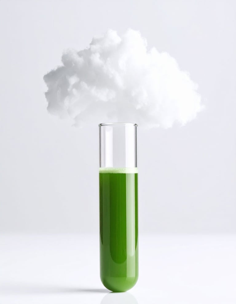 A glass test tube filled with green liquid juice topped with a white fluffy cloud on a white background.