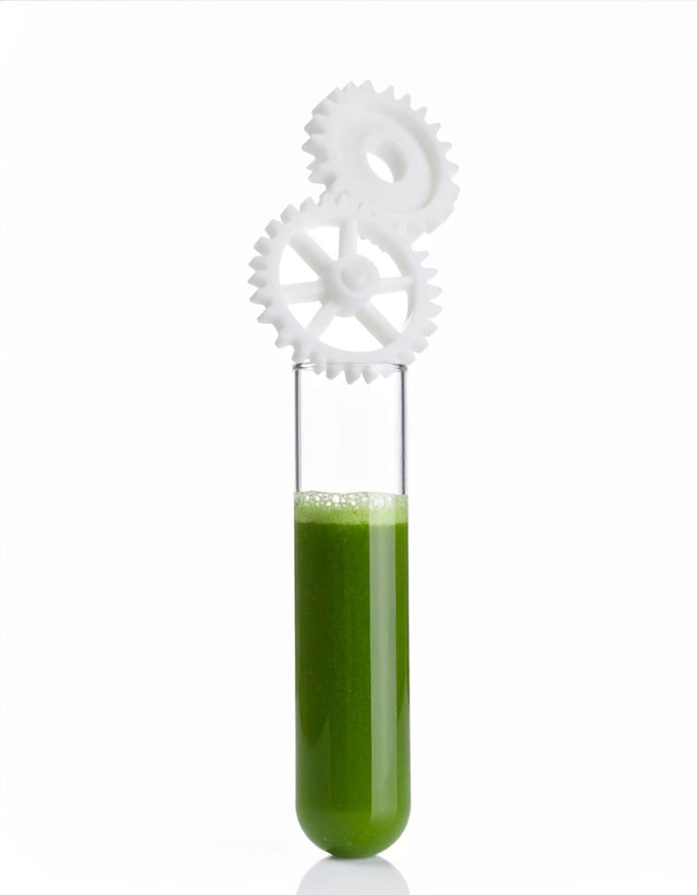 A glass test tube filled with green liquid and white plastic gears on top, representing repair.