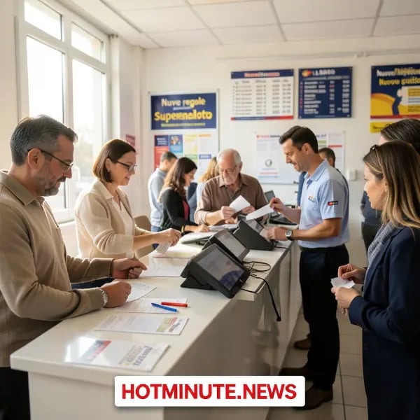 Superenalotto e Lotto — Nuove Regole 2026: ricevitoria italiana con persone che compilano schedine e