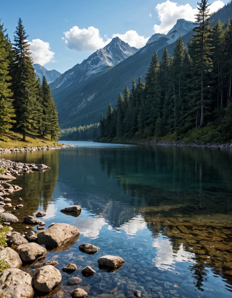 A lake with pine trees on the sides and mountains in the distance.