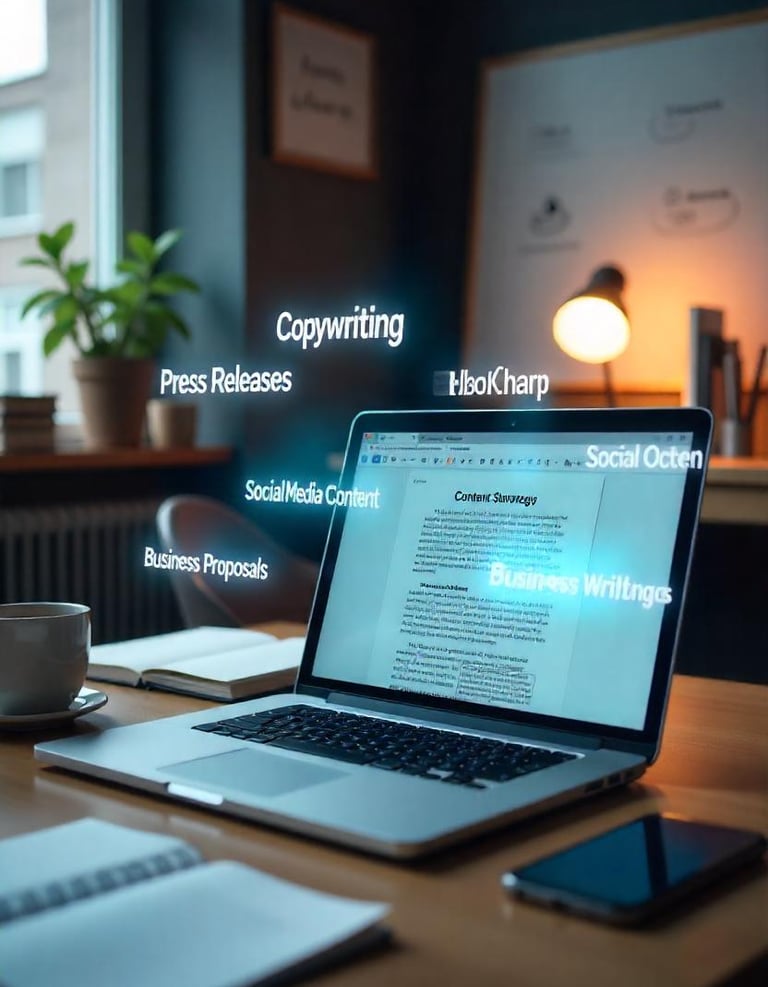 A laptop with all the content writing services name floating around as text