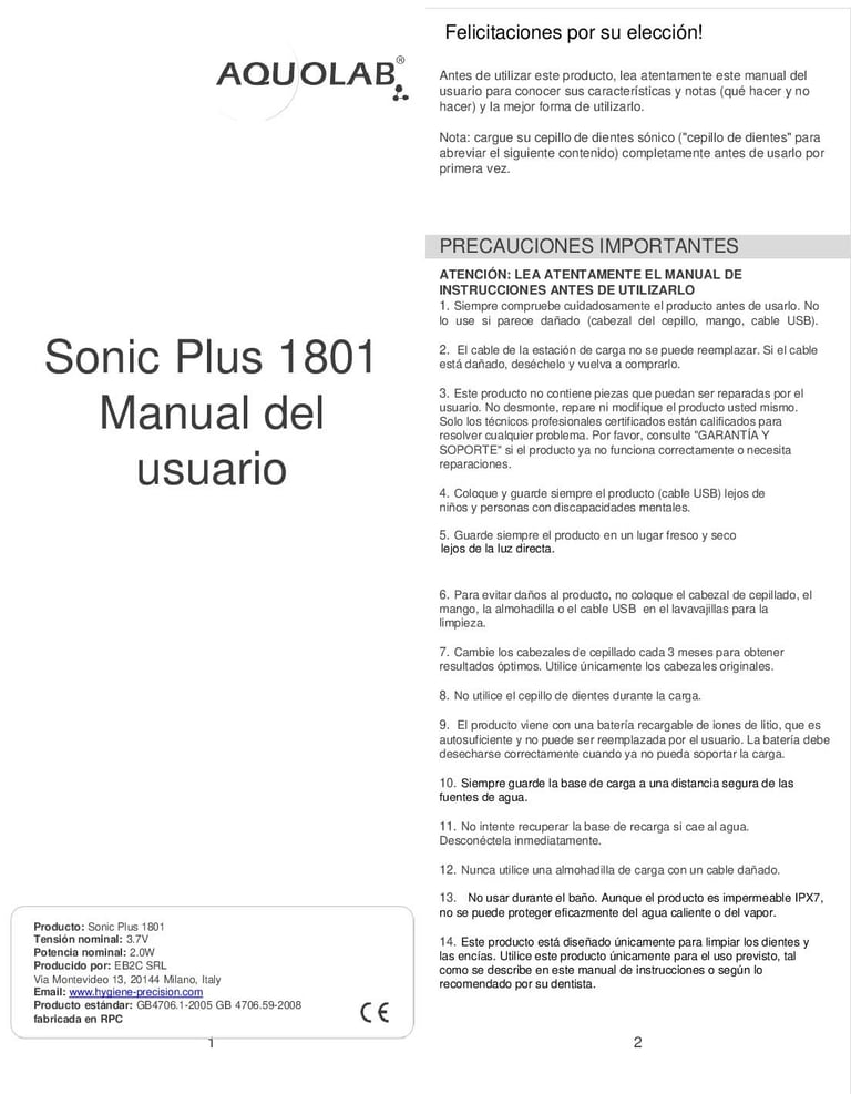 Manual del usuario de cepillo de dientes sónico Aquolab 1801 ES 1