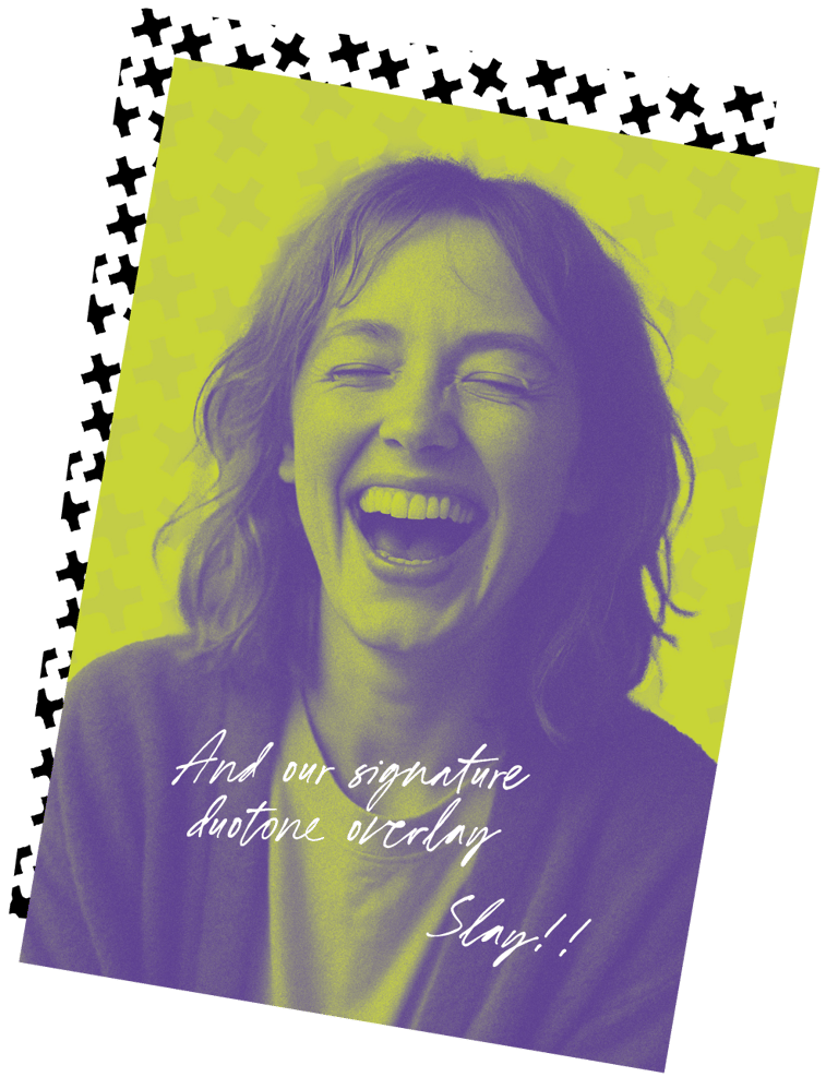 A laughing woman in purple and yellow overlay
