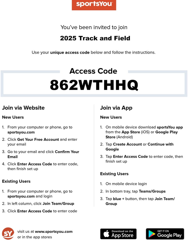 SportsYou access codes for 2025 Track and Field 862WTHHQ