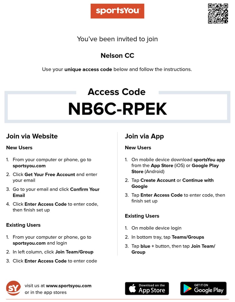 SportsYou access codes for Nelson CC NB6C-RPEK