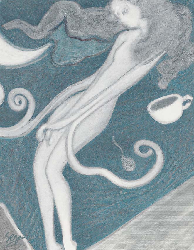 a drawing of a woman floating with a cup of coffee