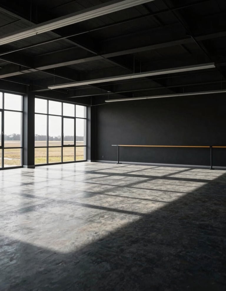 Wide environmental shot of an empty, well-lit modern training room in Saskatchewan with high-contrast shadows, industrial minimalism, overcast natural light.